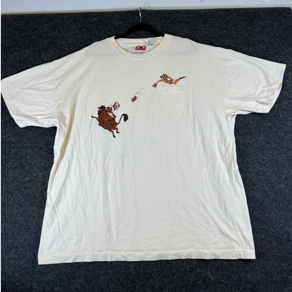 Vintage 90s Mickey Lion King Timon Pumbaa Shirt Men 3XL Cream Embroidered Pocket